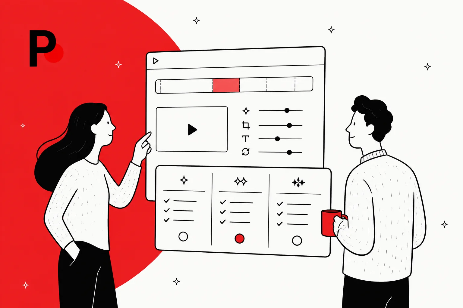Illustrated hero banner for a Palmier Pro pricing breakdown, an AI-native macOS video editor, with a timeline and credit motif