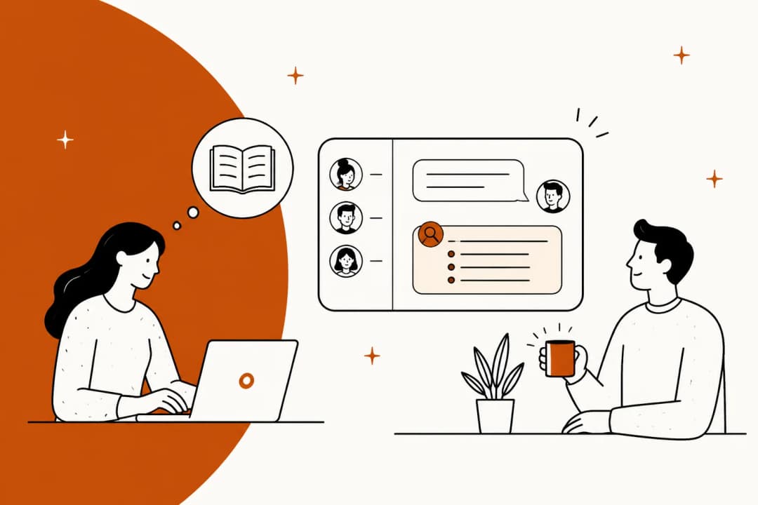 Illustration of a company wiki with a search bar feeding answers into a team chat window