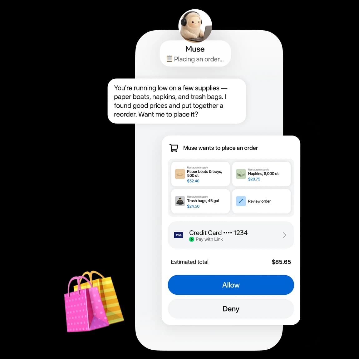 Muse asking for approval to place an $85.65 restaurant supply reorder, with Allow and Deny buttons, from muse.ai/business