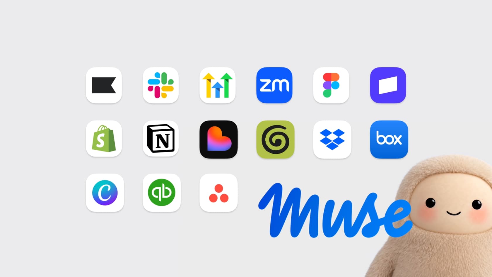 Muse for Small Business connector grid showing app icons for Shopify, Slack, Notion, Dropbox, Box, Canva, QuickBooks and others next to the Muse wordmark, as taken from Meta
