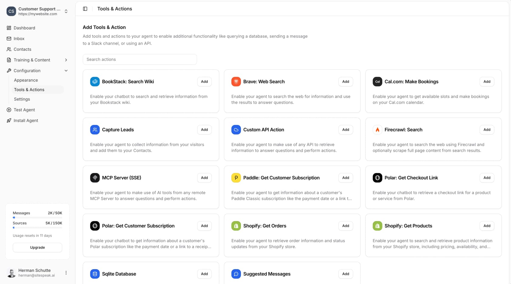 SiteSpeak Tools & Actions catalog with cards for BookStack search, Brave web search, Cal.com bookings, Capture Leads, Custom API Action, MCP Server, Paddle, Polar and Shopify orders, as taken from SiteSpeak's docs