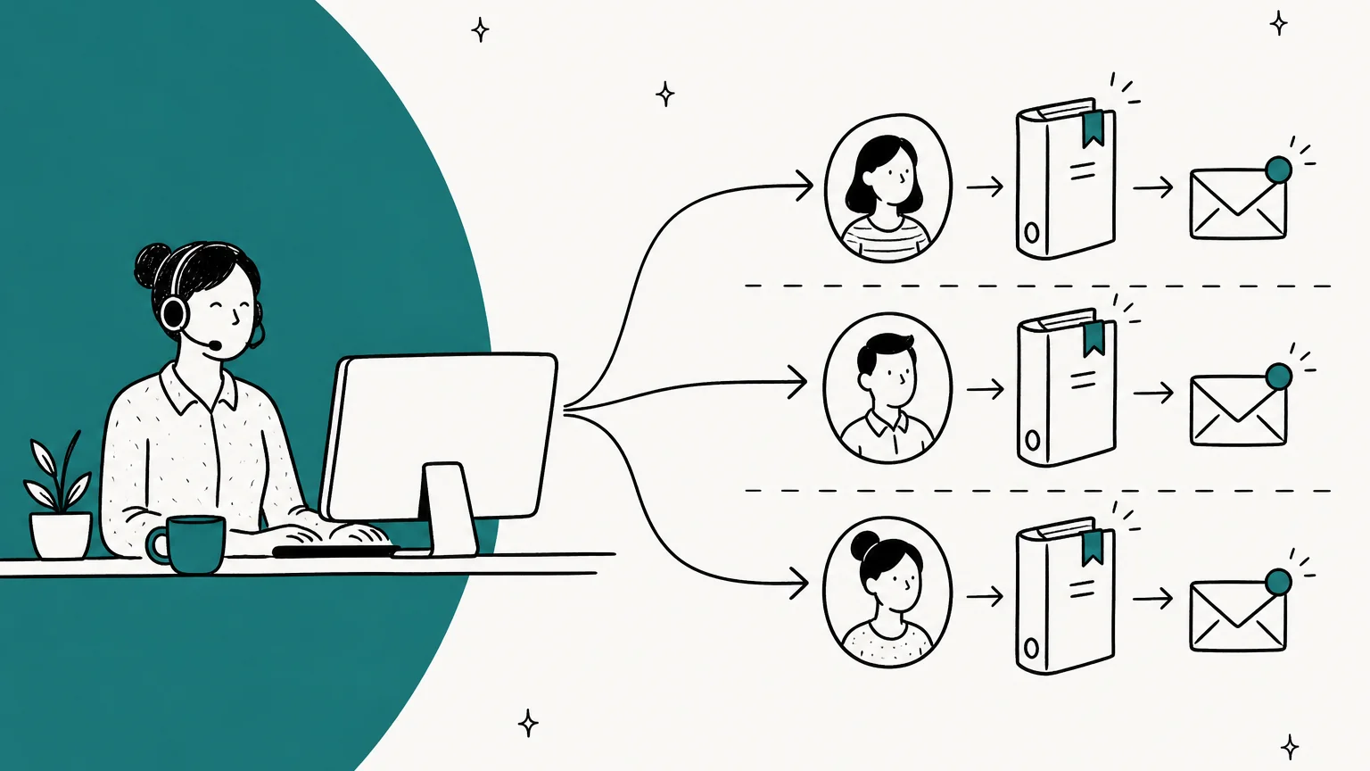 Hand-drawn illustration of a support agent at one desk routing work into three separate client lanes, each with its own knowledge binder and inbox