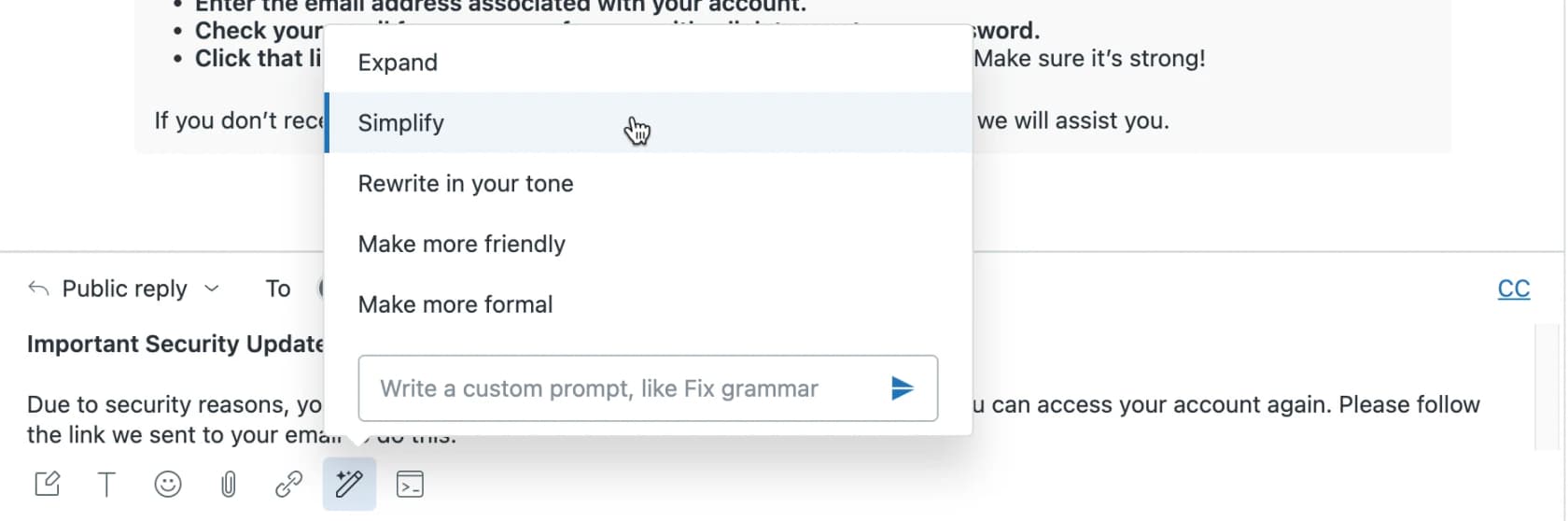 Zendesk Agent Workspace composer with the Enhance writing menu open showing Expand, Simplify, Rewrite in your tone, Make more friendly, Make more formal and a custom prompt box, as taken from Zendesk's help center