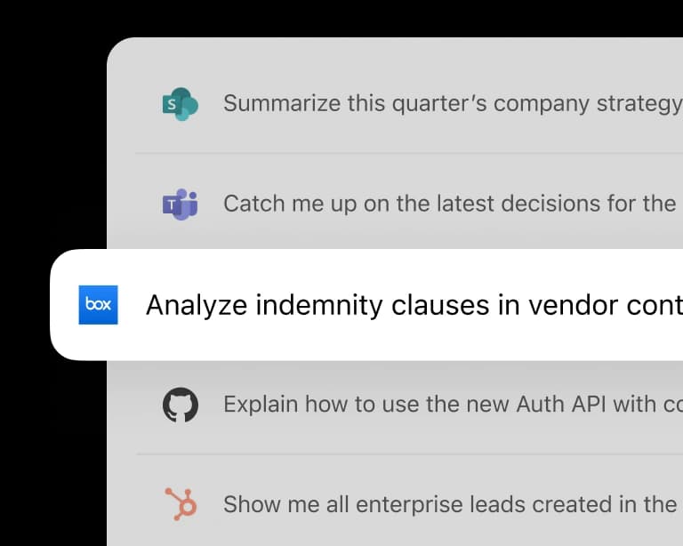 A ChatGPT Work task list where each task is tagged with a source-app logo including Box, SharePoint and GitHub, as taken from OpenAI