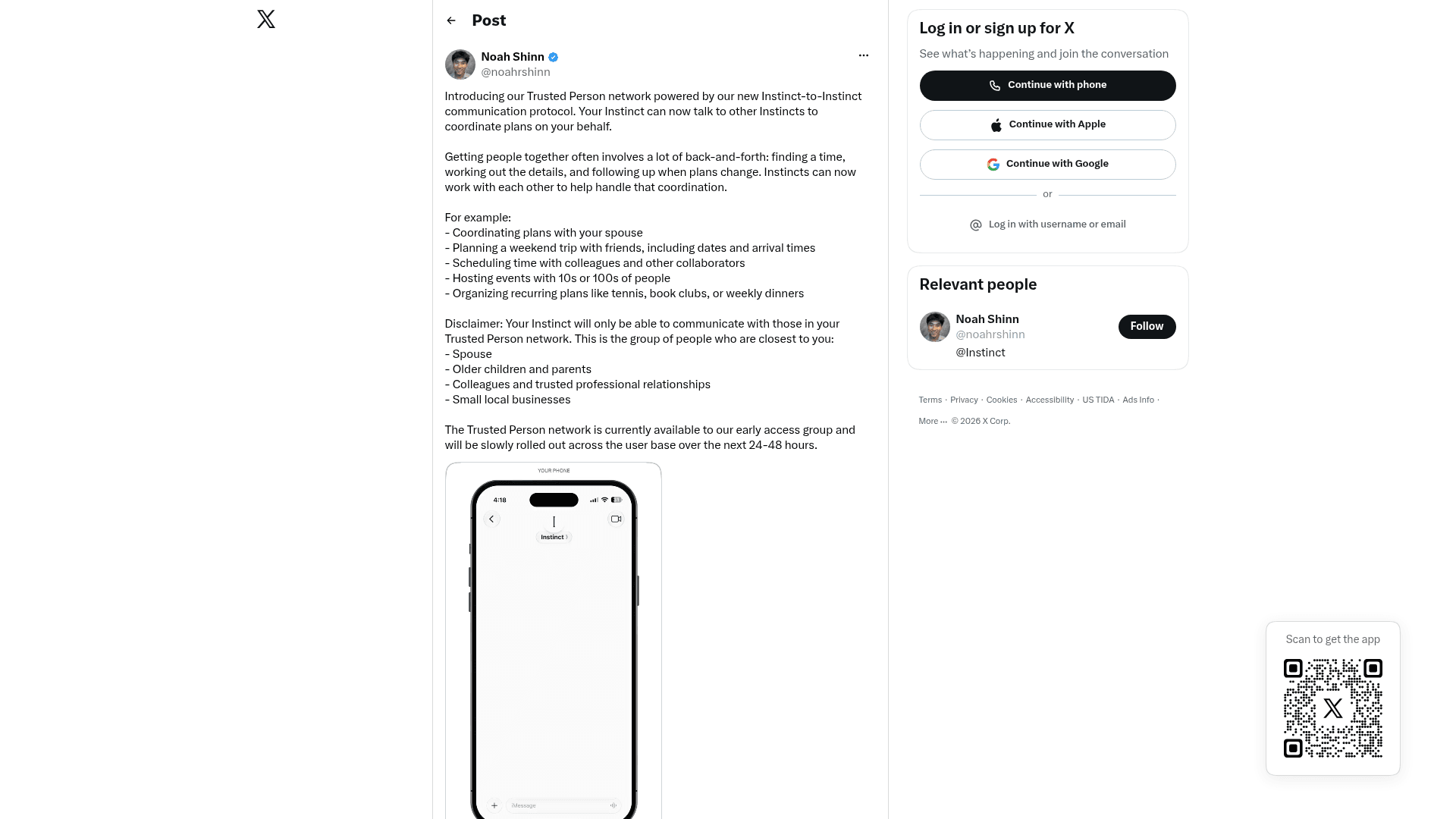 Noah Shinn's X post introducing the Instinct Trusted Person network, listing scheduling time with colleagues and noting that Instinct only talks to people in your Trusted Person network, as captured from Noah Shinn on X