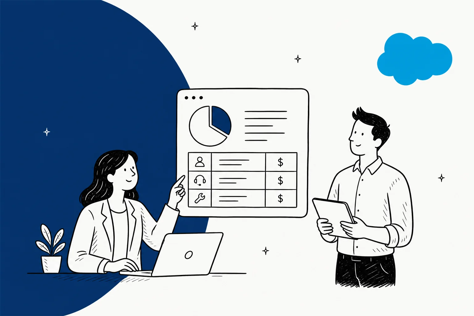 Illustrated hero banner for a Salesforce Service Cloud pricing breakdown