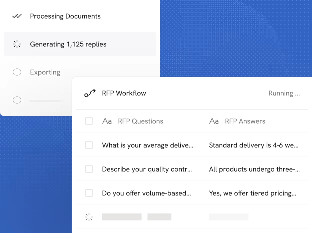 Cassidy bulk run processing an RFP workflow, showing documents processed and 1,125 replies being generated, as taken from Cassidy