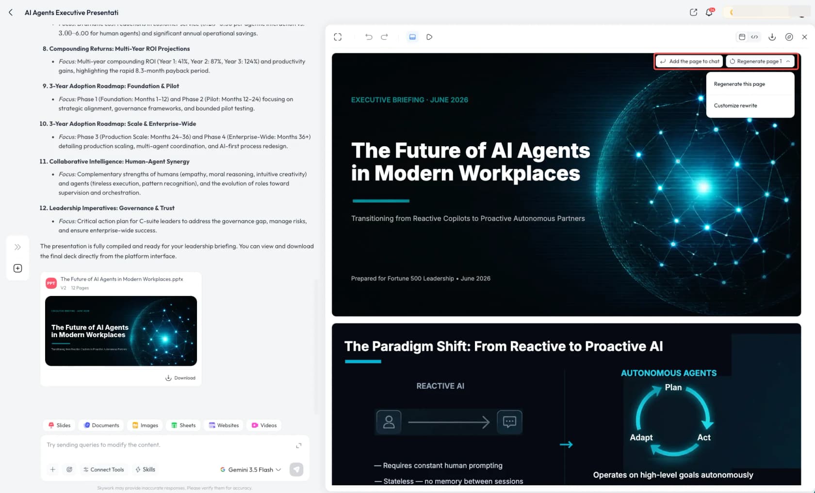 The Skywork slides editor showing a generated deck, "The Future of AI Agents in Modern Workplaces", editable page by page, as taken from Skywork