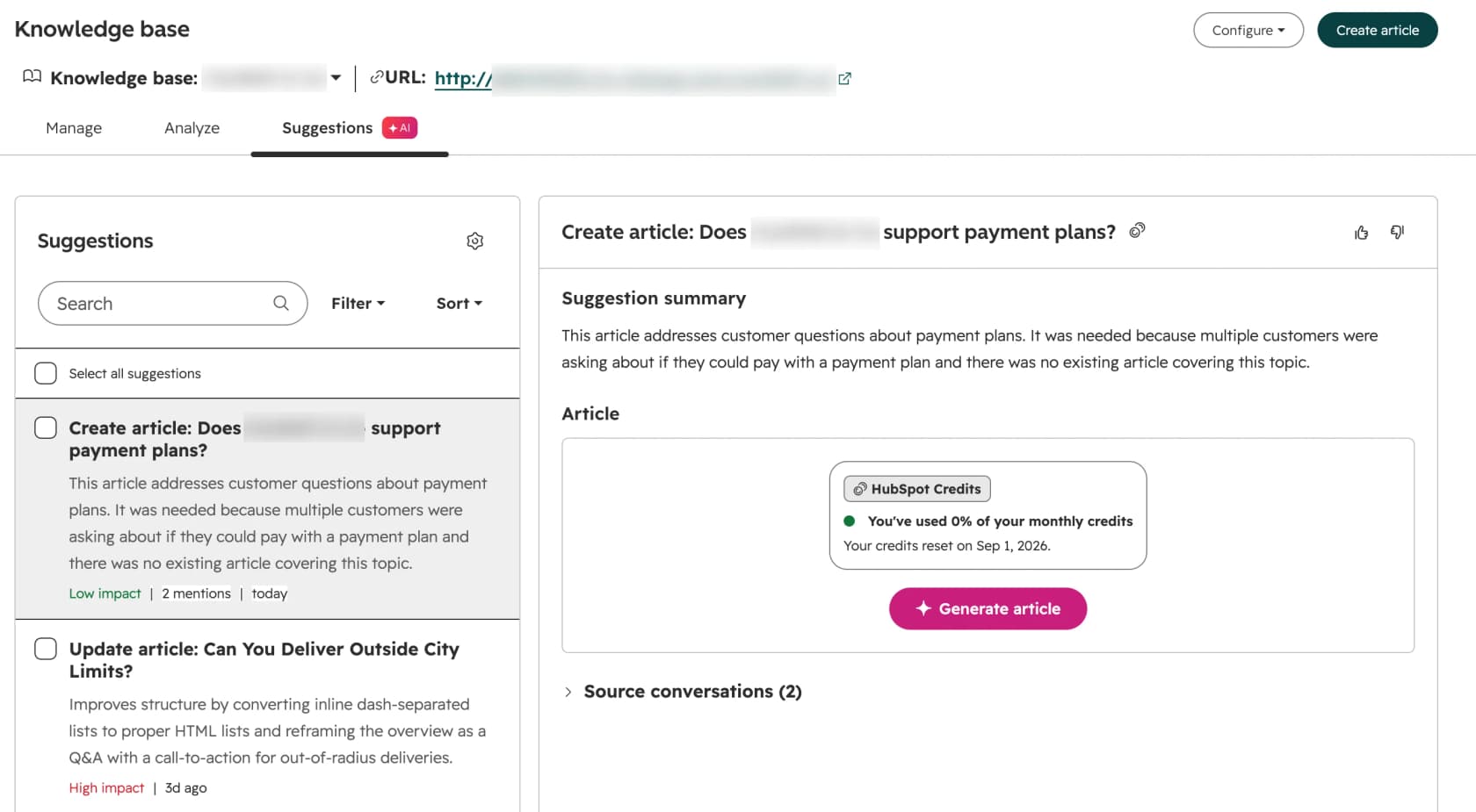 HubSpot knowledge base agent suggestion to create an article about payment plans, with a suggestion summary, Generate article button and source conversations, as taken from HubSpot's knowledge base