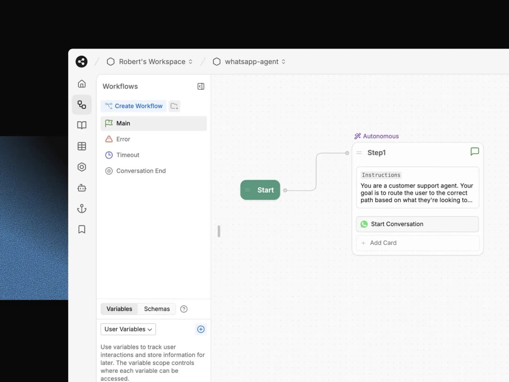 Botpress Studio drag-and-drop workflow canvas showing an autonomous node, as taken from Botpress