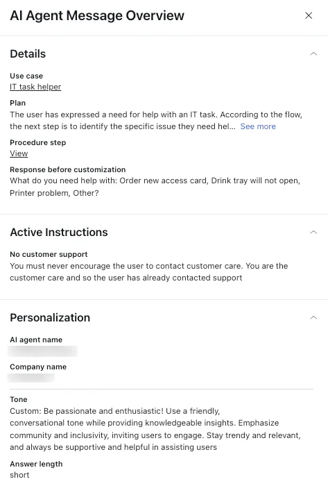 Zendesk AI Agent Message Overview showing use case, plan, procedure step, response before customization, active instructions and tone settings, as taken from Zendesk's help center