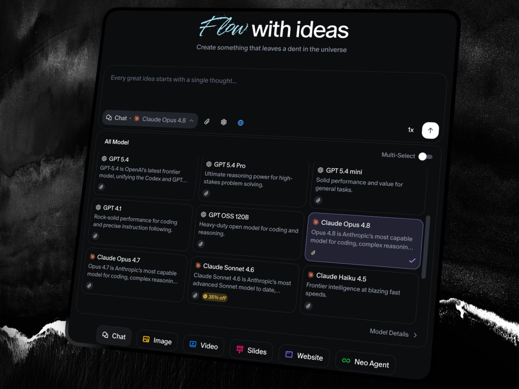 Flowith's model marketplace announcing Claude Opus 4.8 support, as shown on the Flowith product updates