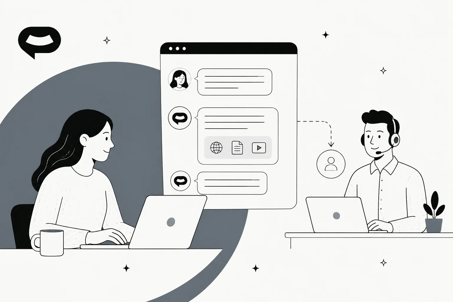 Hand-drawn illustration of a website visitor chatting with a SiteSpeak AI widget that answers from web pages, files and videos, with a dashed handoff arrow to a support agent wearing a headset