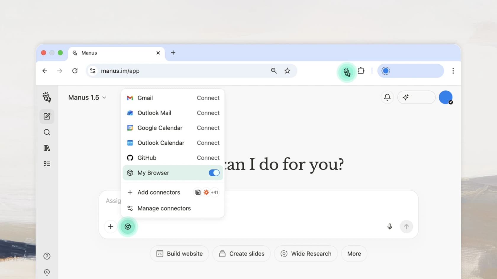 The Manus app interface showing connectors like Gmail, GitHub and a browser operator, with Build website, Create slides and Wide Research actions, as taken from Manus