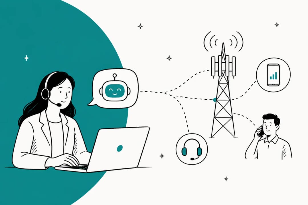 Illustration of an AI telecom customer support automation workflow in teal on a warm off-white background
