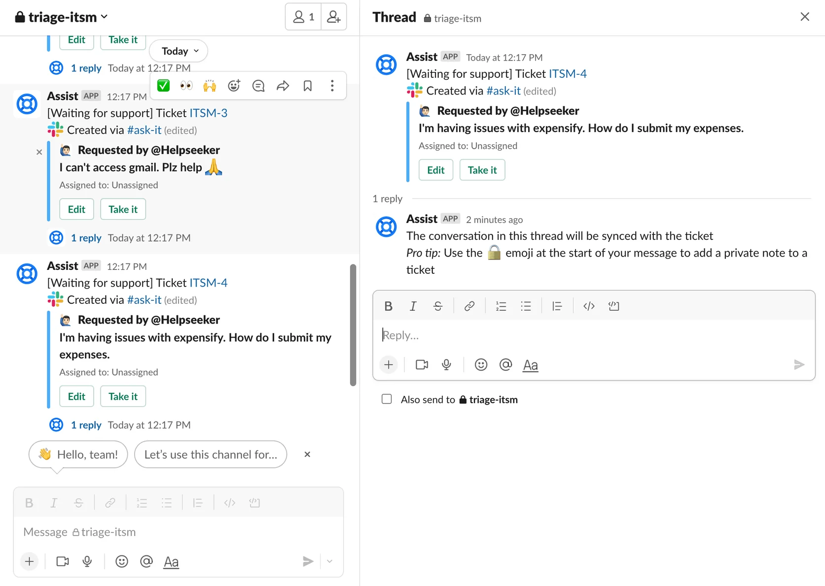 Atlassian Assist showing waiting-for-support tickets with Take it buttons in a Slack agent channel, as taken from Atlassian