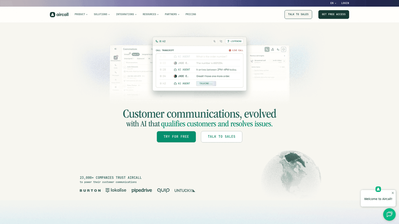Aircall homepage showing its AI-powered cloud phone system, as taken from Aircall