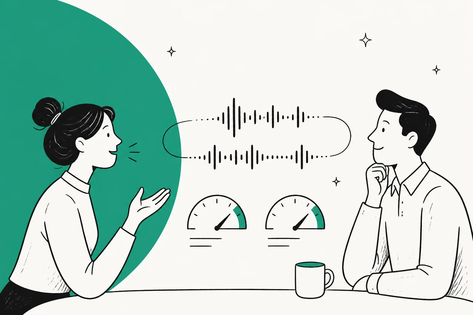 Illustration of a per-minute voice cost meter with sound waves, in OpenAI teal
