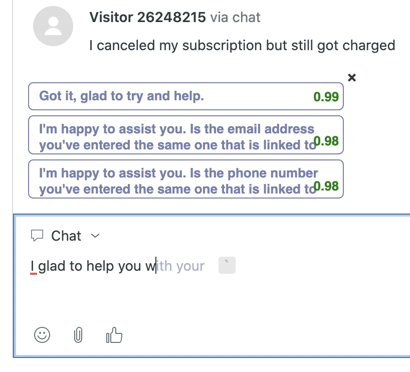 Sapling inside a Zendesk chat showing three suggested replies with confidence scores above a reply box where I glad to help you is underlined and being autocompleted, as taken from Sapling