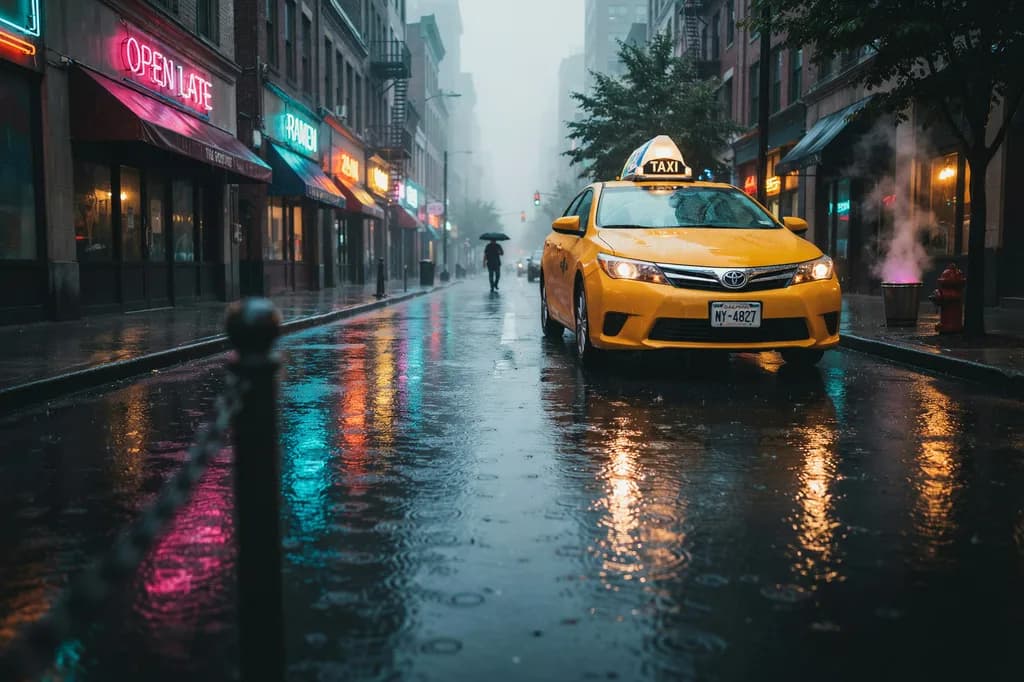 A yellow taxi on a rain-soaked city street, the input image before removal, from Ideogram's examples