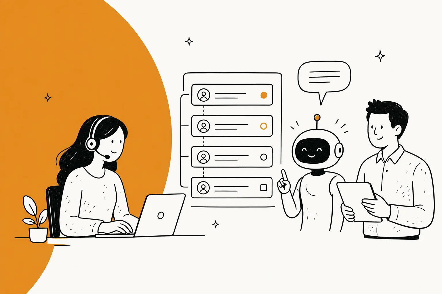 Illustration of a support ticket queue being handled by an AI agent alongside human agents