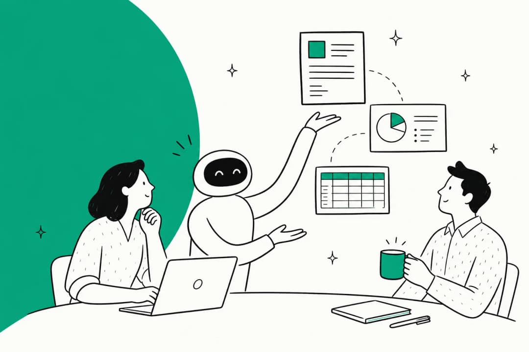 Illustration of the ChatGPT Work agent turning a goal into a finished doc, deck and spreadsheet