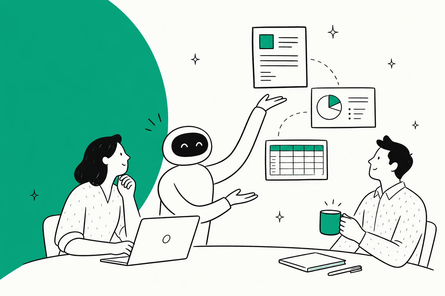Illustration of the ChatGPT Work agent turning a goal into a finished doc, deck and spreadsheet