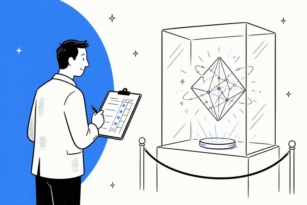 Hand-drawn illustration of a reviewer with a clipboard scorecard studying a glowing crystal model inside a roped-off glass display case, for a Gemini 4 Argon review