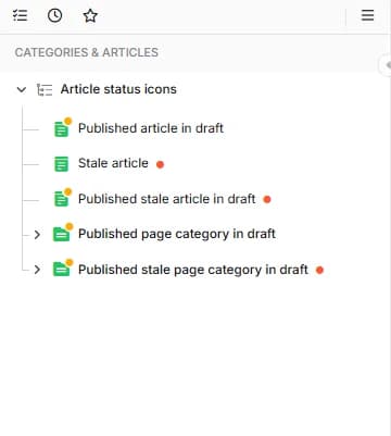 Document360 category tree showing status icons for published, stale and draft articles, as taken from Document360