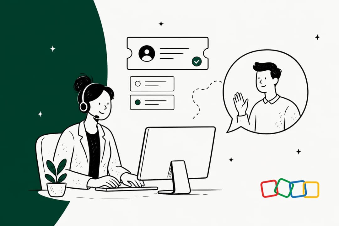 Illustration of a support agent working a ticket queue in the Zoho ticketing system