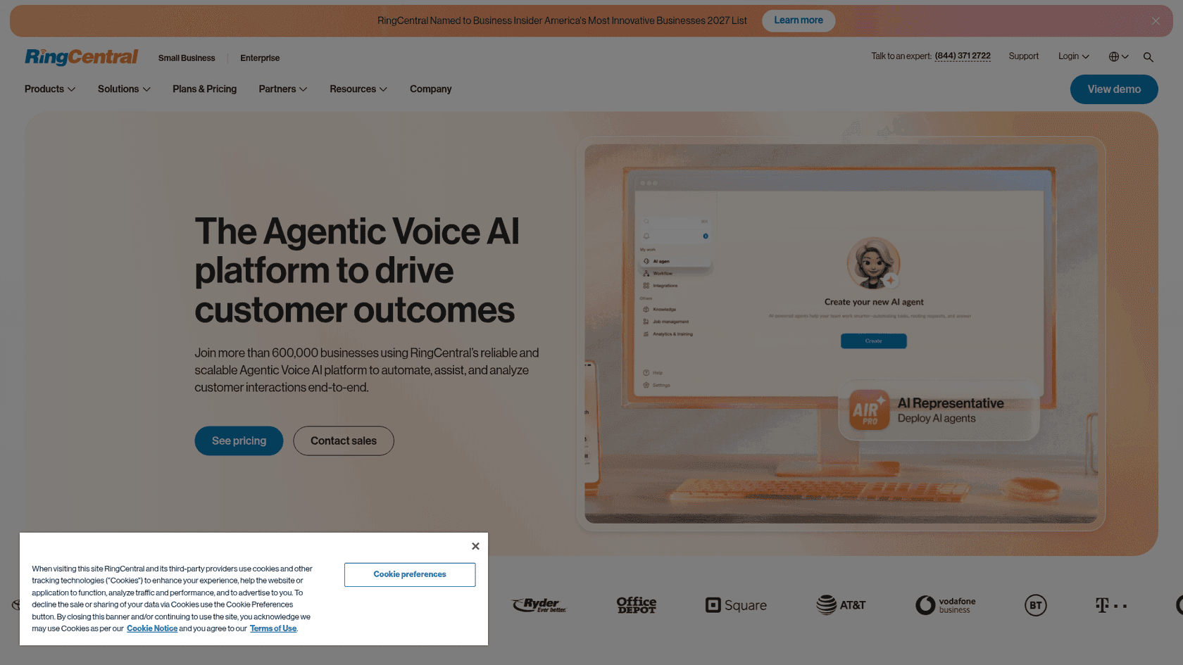 RingCentral homepage positioning itself as an AI communications platform, as taken from RingCentral