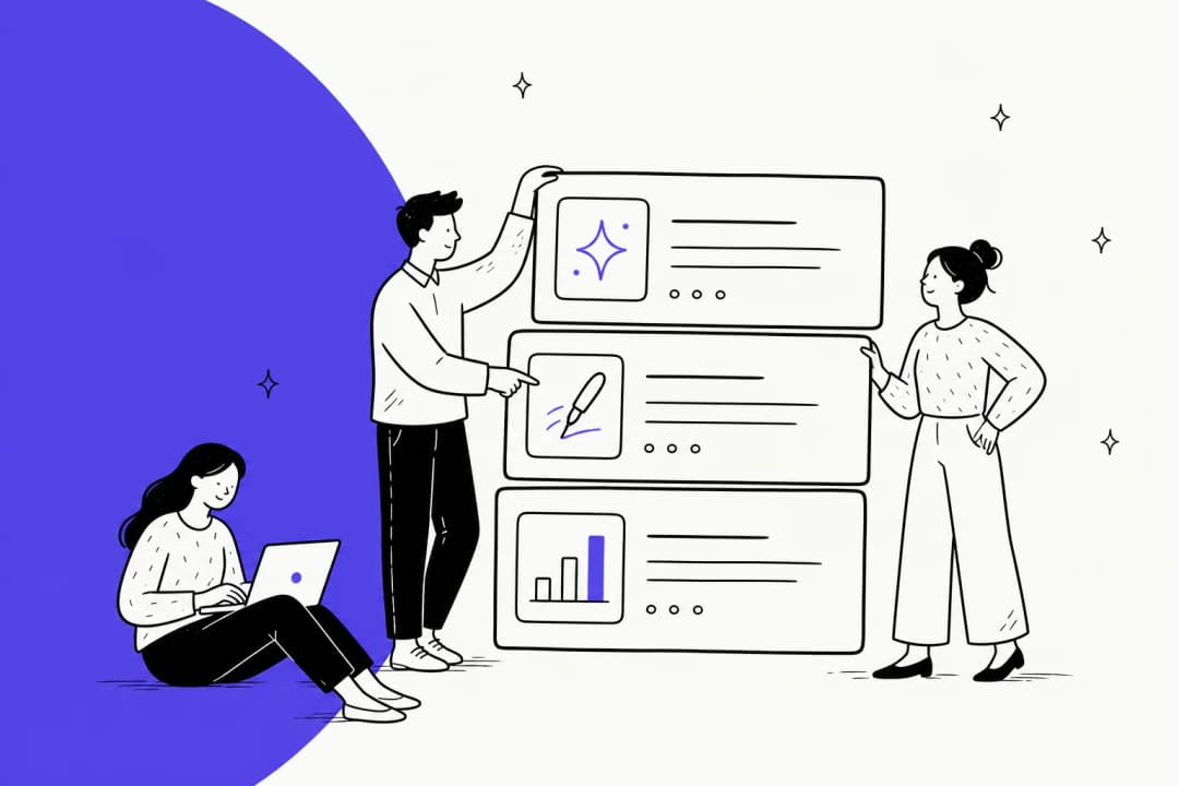 Illustration of a team comparing AI SEO content tool option cards
