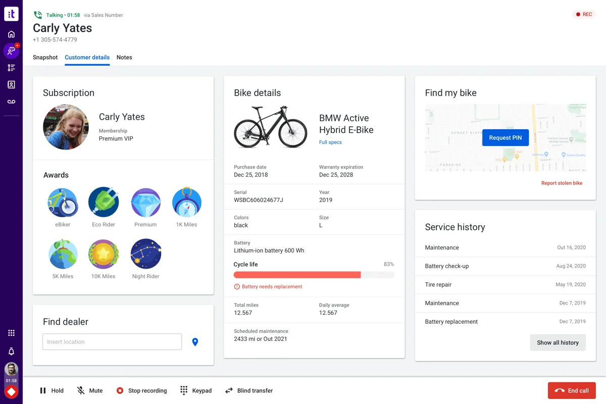 Talkdesk Workspace during a live call showing customer details, subscription and service history panels
