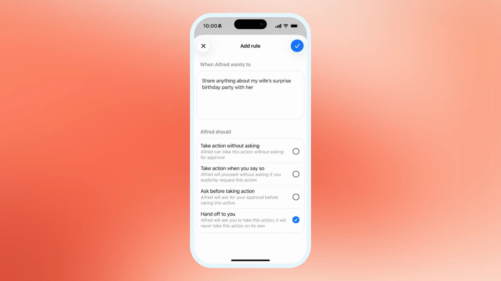 Custom Rules settings for a dot shown in a phone frame, with a rule being added and four behaviors to pick from, as taken from OpenAI