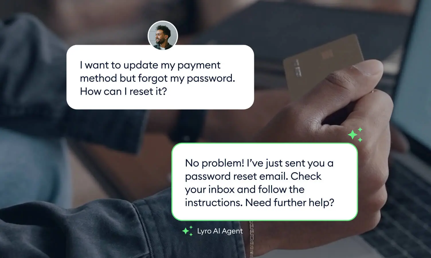 Tidio's Lyro AI Agent answering a customer's password reset question in live chat, as taken from Tidio