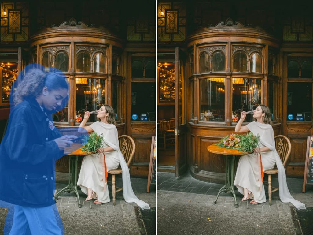 Before and after an Ideogram removal: a passerby in a blue mask overlay on the left, gone on the right, with the cafe facade behind them also redrawn, as taken from Ideogram