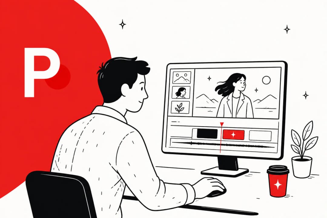 Illustrated hero banner for a Palmier Pro review, an AI-native macOS video editor, with a timeline and generation motif