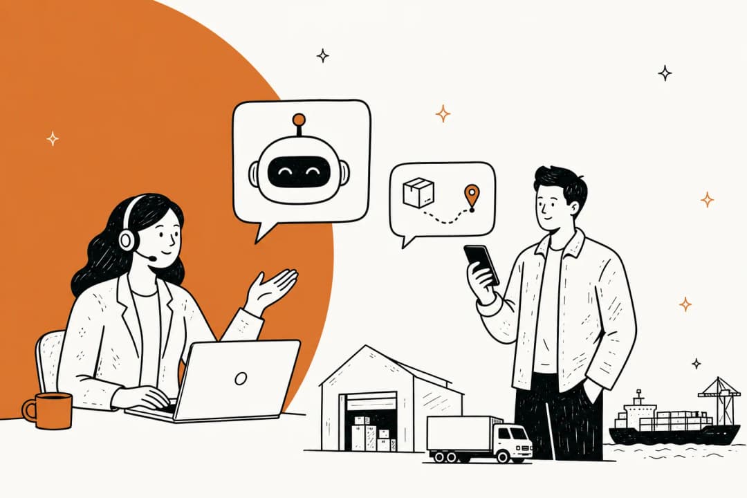 Illustrated banner for a guide on AI chatbots for logistics customer support