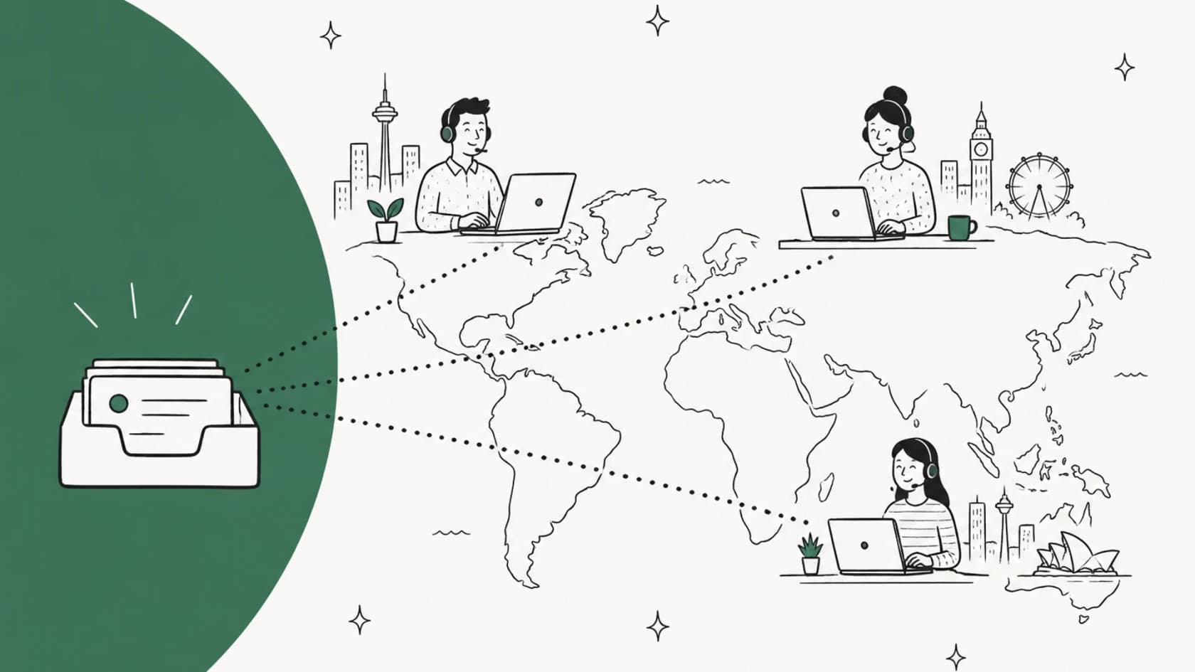 Hand-drawn world map with three support agents in different cities, each connected by a dotted line to one shared ticket inbox