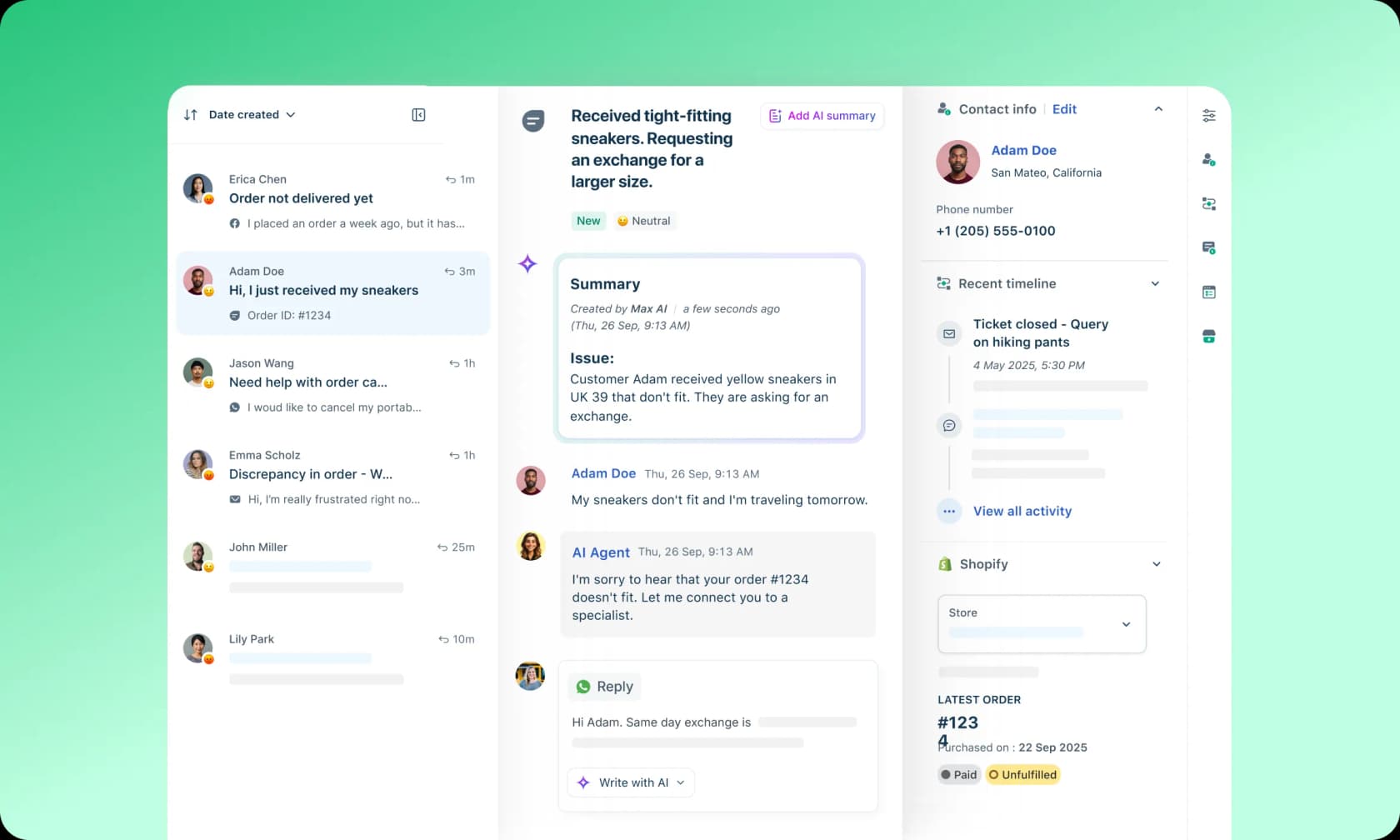 A Freshdesk ticket with an AI-generated summary, an AI Agent auto-reply, and the connected order panel, as taken from Freshworks