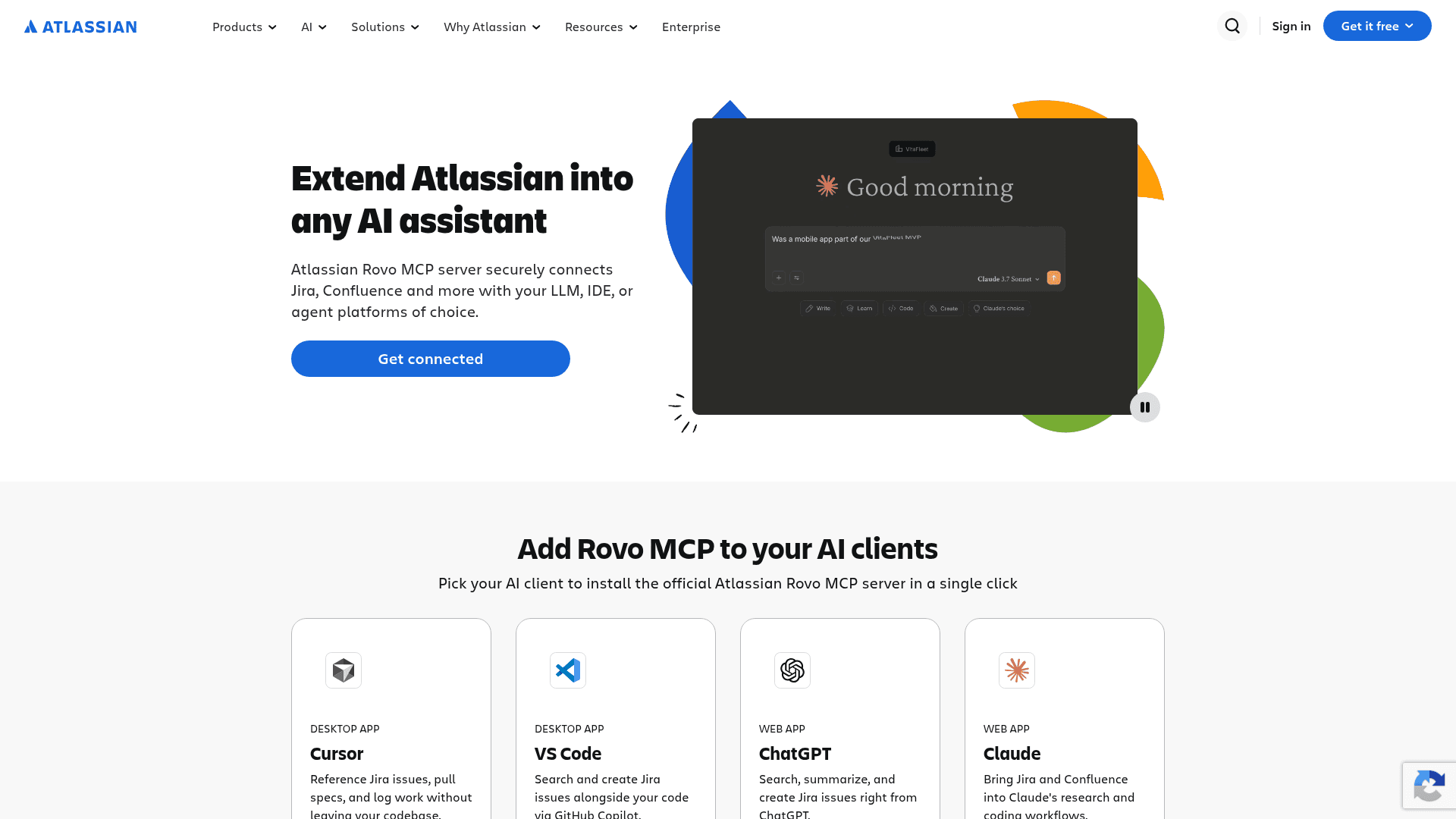 Atlassian's Rovo MCP page with options to add Rovo MCP to Cursor, VS Code, ChatGPT and Claude