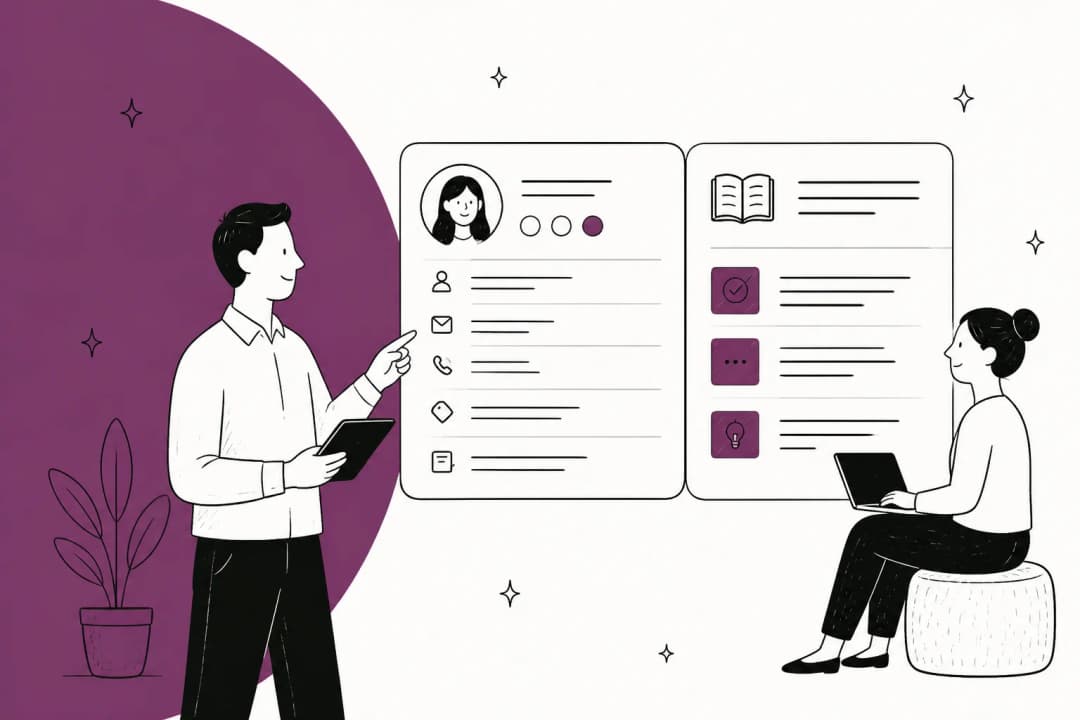 Illustration of help articles sitting alongside customer records in a CRM