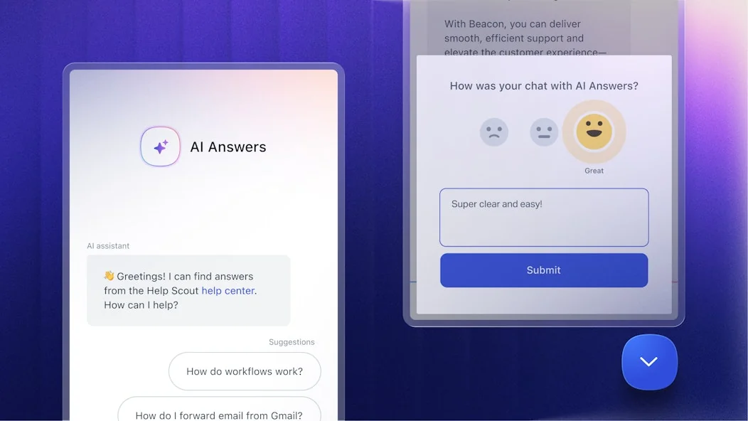 Help Scout's AI Answers chat widget replying to a customer with suggested questions from the help center, next to a post-chat CSAT prompt asking how the conversation went, as taken from Help Scout
