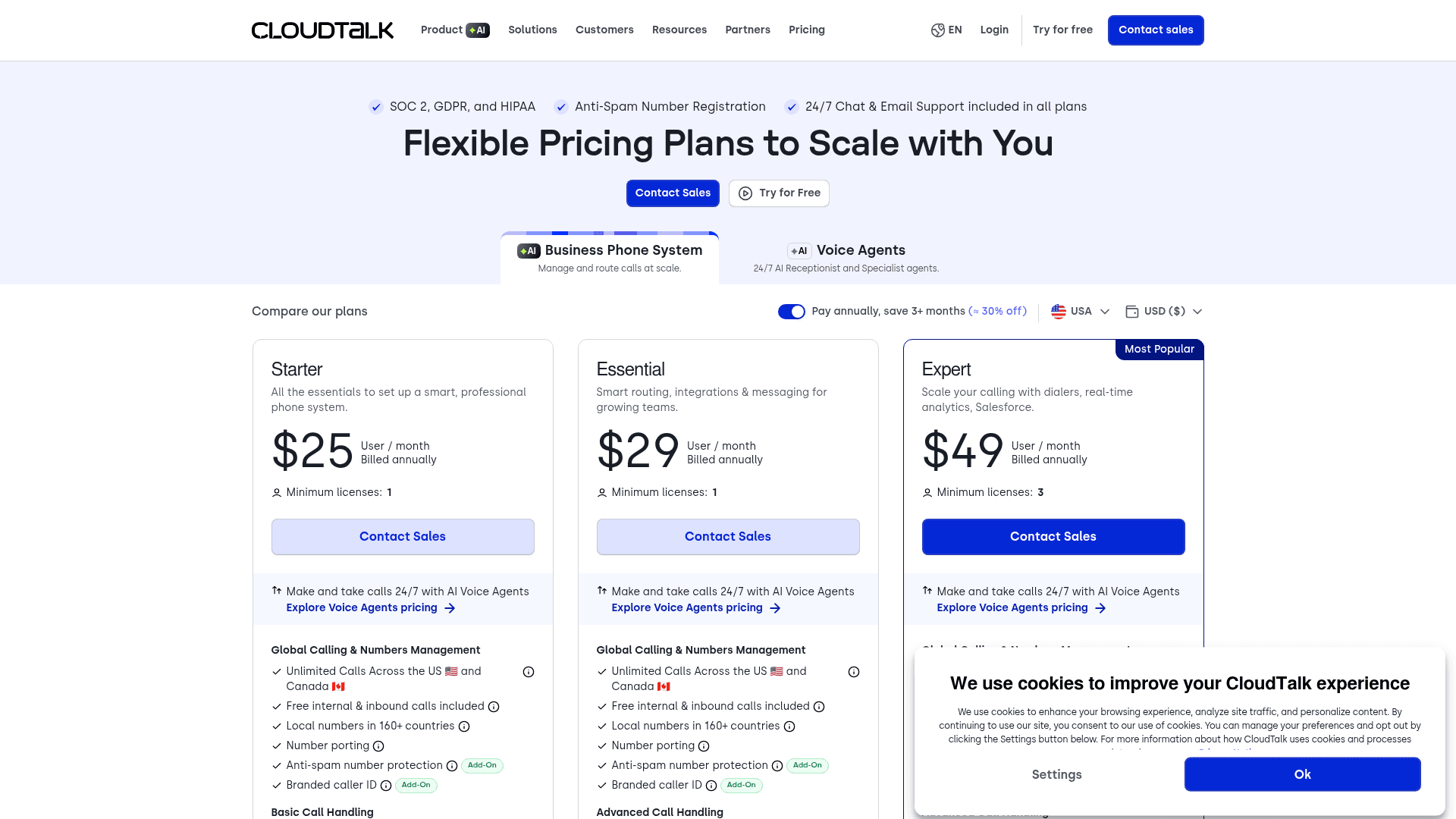 The CloudTalk pricing page showing the per-seat Business Phone System plans, as taken from CloudTalk