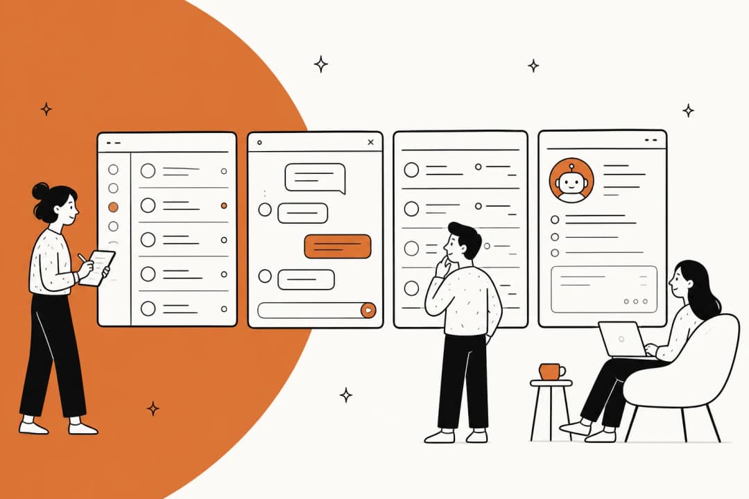 Illustration of four different support tool windows side by side, an inbox, a chat widget, a ticket queue and an AI agent panel, in warm amber tones