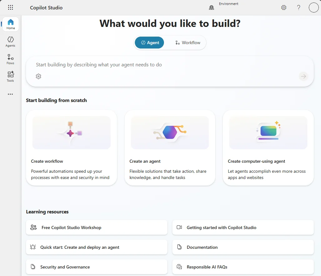 Microsoft Copilot Studio home screen asking what you would like to build, with agent and workflow options, as taken from Microsoft
