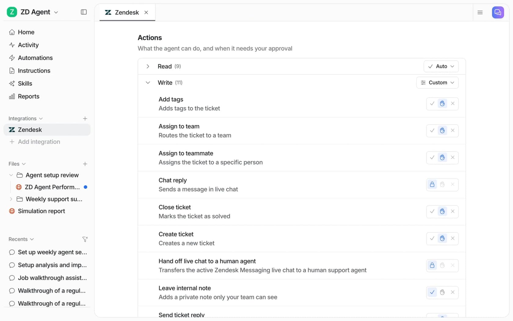 eesel actions settings for a Zendesk agent, with Read actions on Auto and the Write group set to Custom so tagging, assigning and closing tickets need approval while leaving an internal note runs automatically