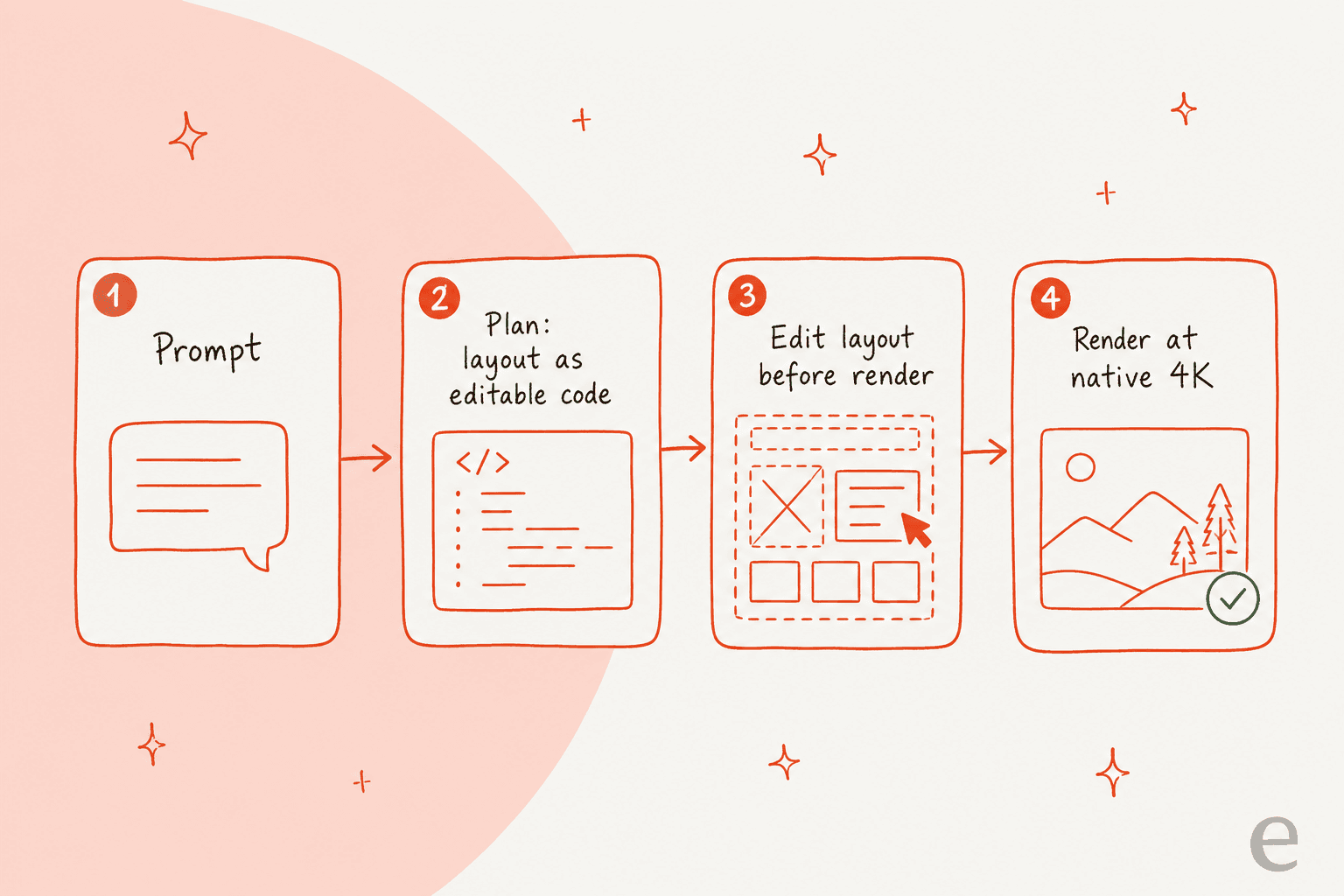 A four-step pipeline showing how Reve 2.1 separates planning from rendering: prompt, plan as editable code, edit the layout, render at native 4K