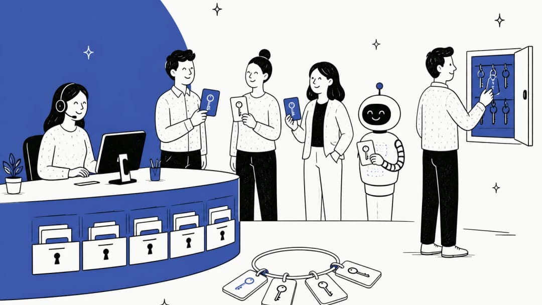 Hand-drawn illustration of a support team and a friendly AI teammate each holding a different key card, with an admin at a key cabinet and locked ticket drawers