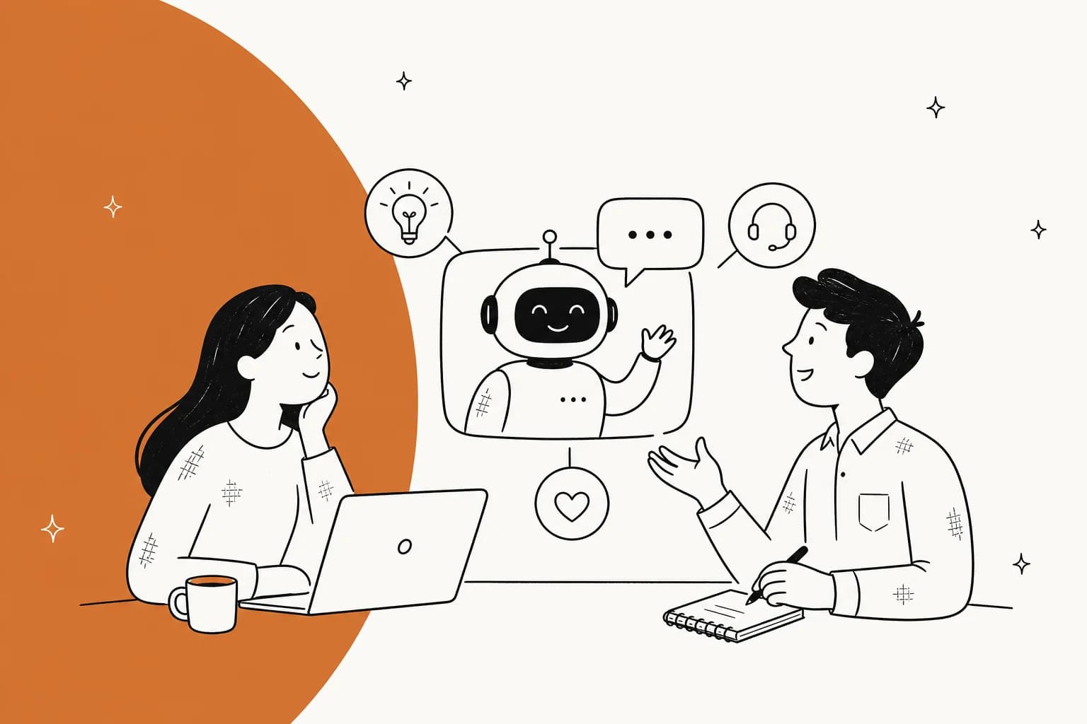 Illustrated hero banner for a guide on AI chatbot ideas for support and CX teams